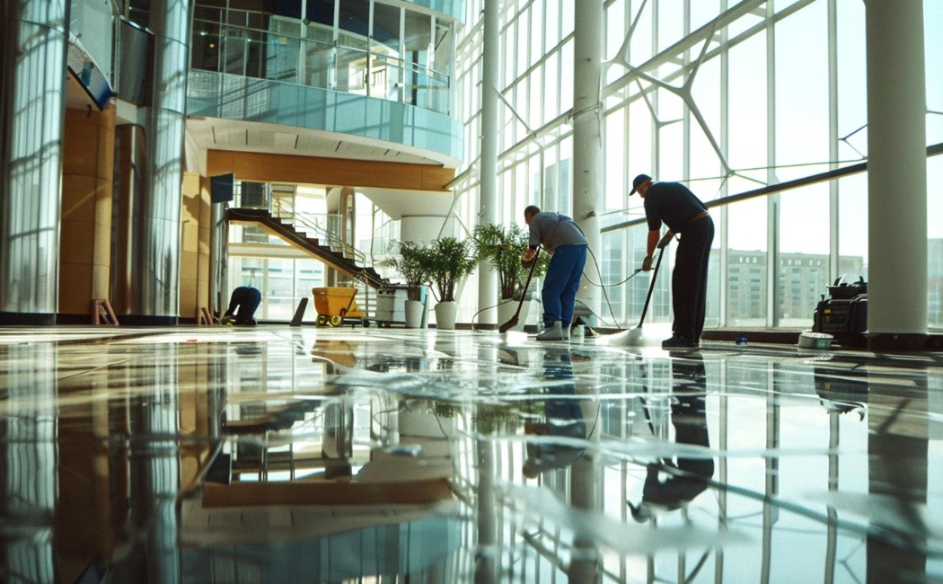 Team providing Commercial Cleaning Services, polishing and deep cleaning floors in a large modern office lobby with glass walls and natural light.