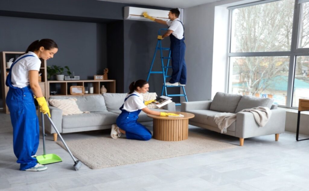 Professional team delivering Best Cleaning Services by dusting, vacuuming, and sanitizing a modern living room interior.