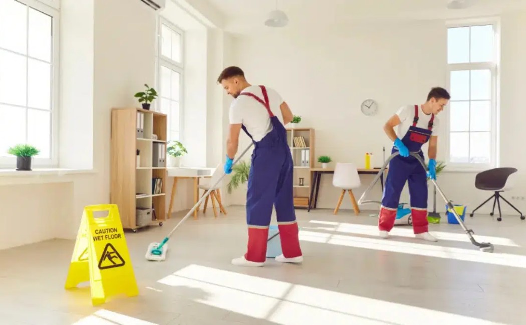 Professional cleaners from the best cleaning services are mopping floors and vacuuming a bright living room, with a visible wet floor caution sign for safety.