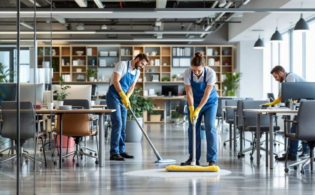 Professional team delivering Office Cleaning Services by mopping floors and sanitizing desks in a modern open-plan workspace.
