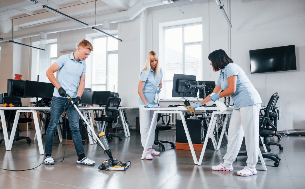 Skilled move-in cleaning crew vacuuming floors and sanitizing desks in a modern office workspace.