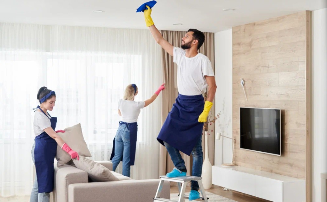 Apartment cleaning team dusting ceilings, arranging cushions, and cleaning a modern living room interior.