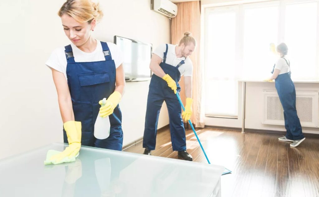Professional move-in cleaning team disinfecting surfaces, mopping floors, and cleaning windows in a bright, modern apartment.