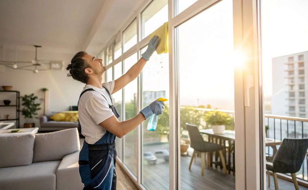 Residential cleaning expert wiping large glass windows and removing dirt for a spotless, sunlit home interior.