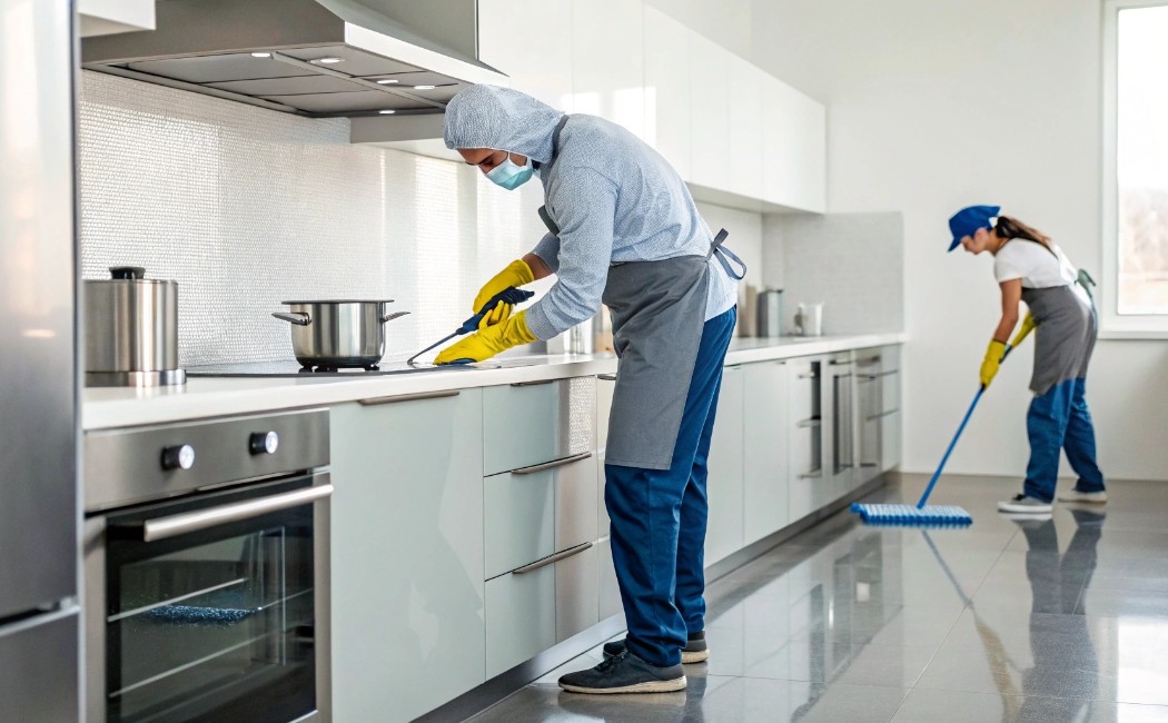 Kitchen Cleaning Experts Maintaining Hygiene. Kitchen cleaning experts thoroughly sanitize countertops, stovetops, and floors in a modern kitchen while maintaining high standards of cleanliness and hygiene.