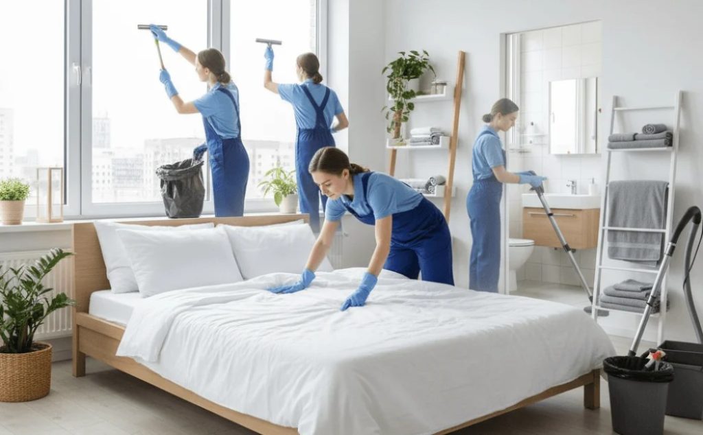 Professional Airbnb cleaning team making beds, cleaning windows, and sanitizing a modern rental property for the next guest.