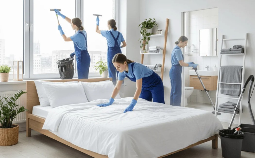 Professional Airbnb cleaning team making beds, cleaning windows, and sanitizing a modern rental property for the next guest.
