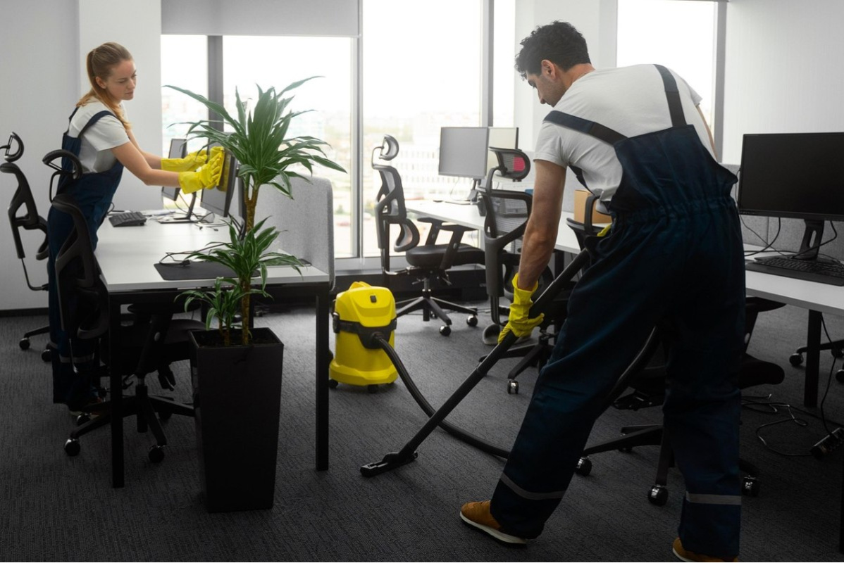 Professional Office Cleaning Services team vacuuming carpets and disinfecting office workstations for a spotless, healthy, and productive workspace.