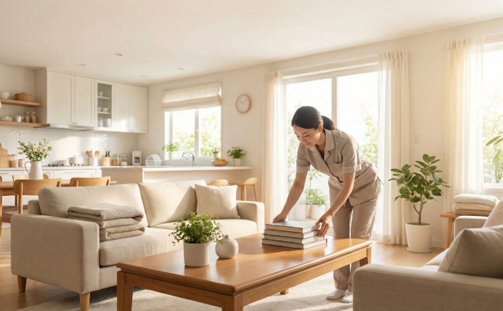 Residential cleaning routine with a house cleaner neatly organizing books in a bright, modern living room and kitchen area.