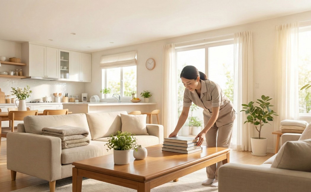 Residential cleaning routine with a house cleaner neatly organizing books in a bright, modern living room and kitchen area.