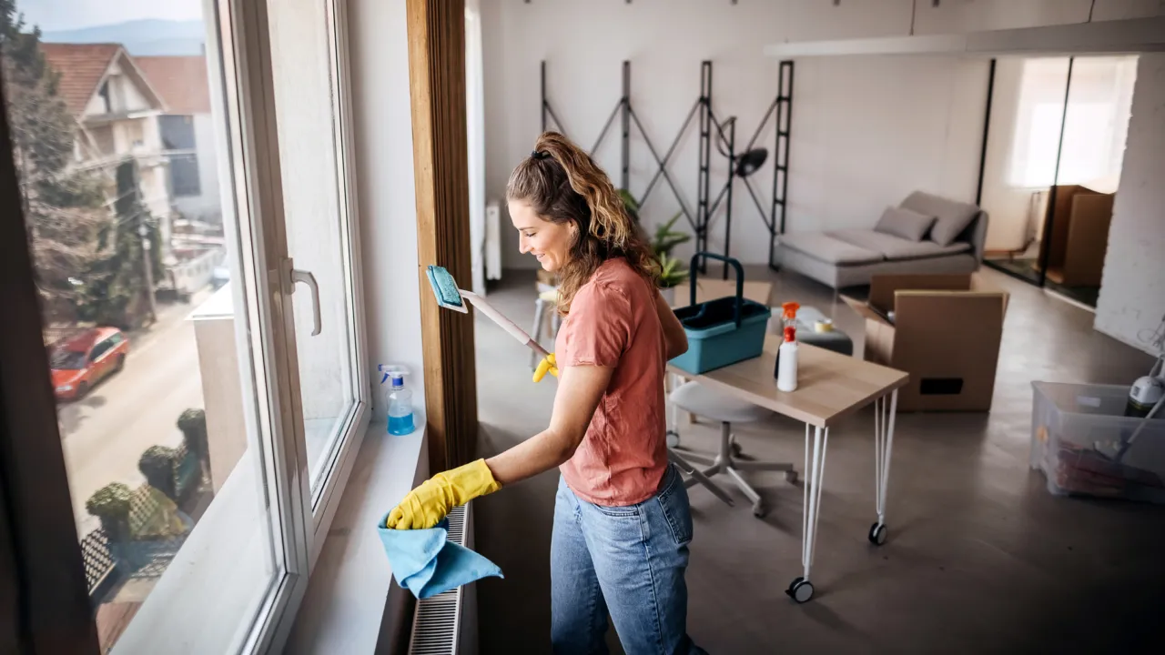 Apartment Cleaning professional wiping windows and surfaces for a spotless, fresh, and comfortable living space.