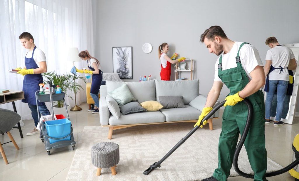 Home Cleaning professionals thoroughly vacuuming and cleaning a bright living room for a fresh, spotless, and welcoming home.