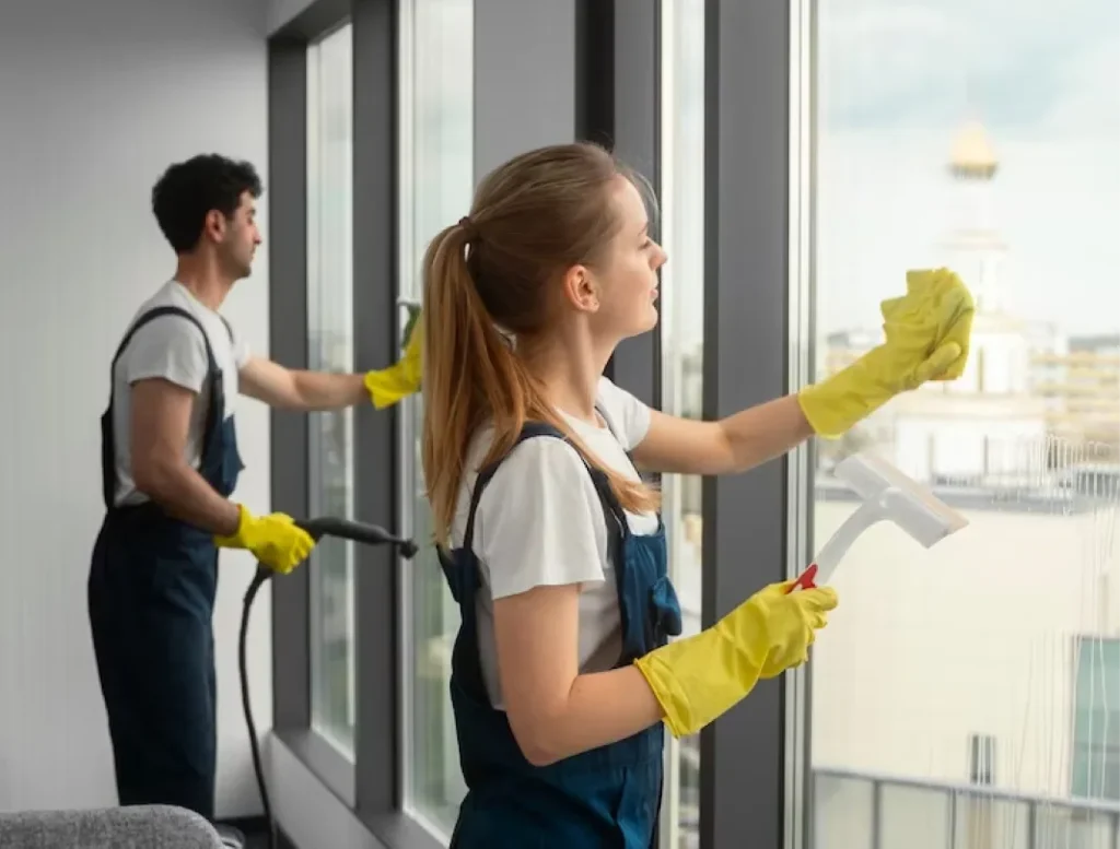 Large Window Cleaning for Brighter Homes Cleaning Service experts wash large windows with squeegees and microfiber cloths to improve clarity and bring more light into the room.