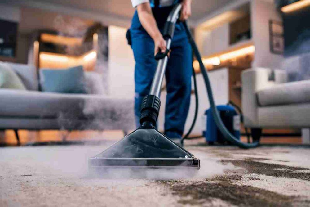 A professional cleaner using steam equipment for a Deep Clean of a carpeted living room, removing dirt and stains for a fresh, spotless home.