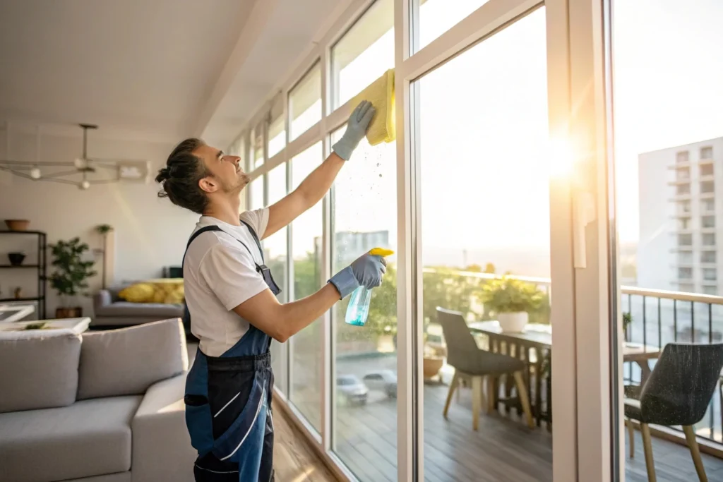A professional cleaner is wiping large glass windows with a microfiber cloth for a spotless, streak-free finish.