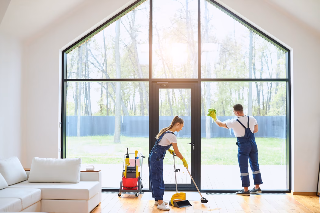 Home Cleaning Service professionals clean bright, modern windows and floors for a spotless, welcoming home.